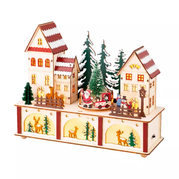 Verlicht en muzikaal houten Kerstdorp op batterijen (27 x H22 cm) Hart van het kleurrijke dorp