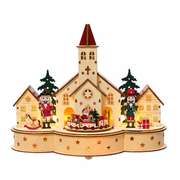 Houten kerstdorp met licht en muziek op batterijen (30 x H24 cm) Kerk en notenkraker