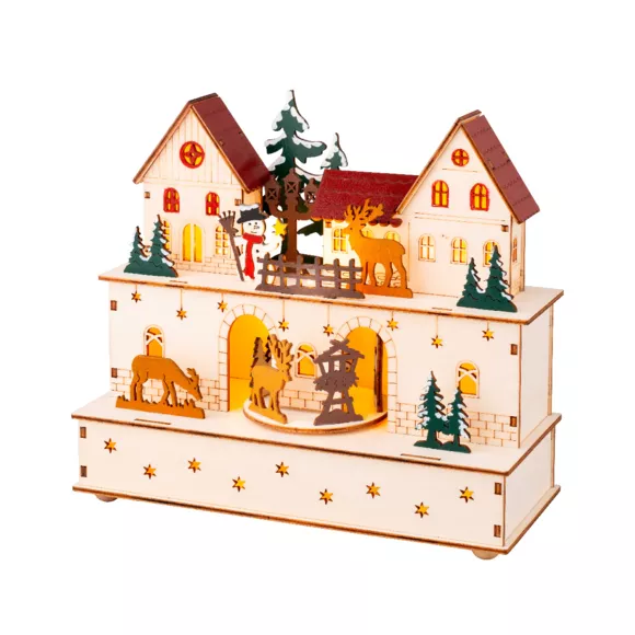 Village de Noël en bois lumineux et musical à piles (24 x H21 cm) Village et animaux