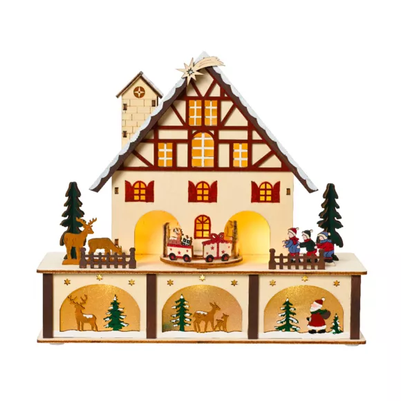 Verlicht en muzikaal houten kerstdorp op batterijen (27 x H24 cm) Kleurrijk Zwitsers Chalet