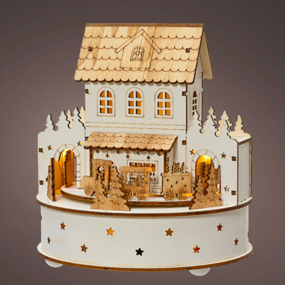 Village de Noël en bois lumineux et musical à piles (H19 cm) Maison de famille