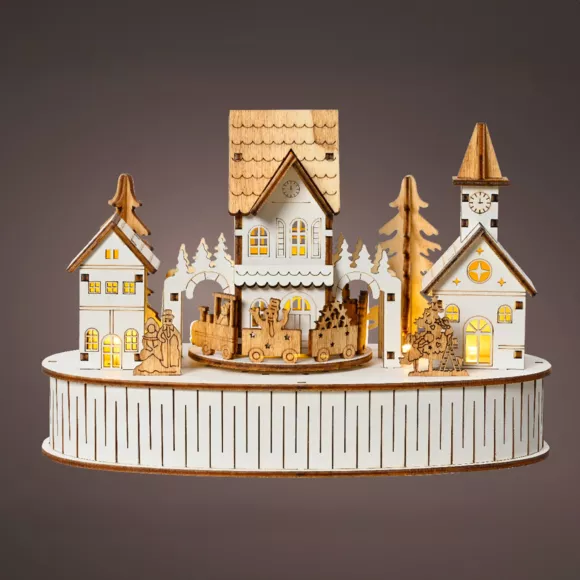 Lichtgevend en muzikaal kerstdorp op batterijen in hout (22 x H15 cm) Stad van licht