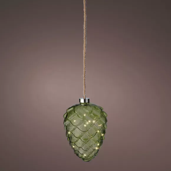 Lichtgevende glazen dennenappel op batterijen met 15 LED's (H21 cm) Vintage Groene Thee/warm wit