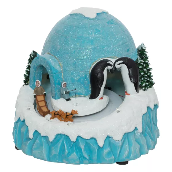Scène de vie illuminée, musicale et animée (H22 cm) Igloo et chiens de traineaux