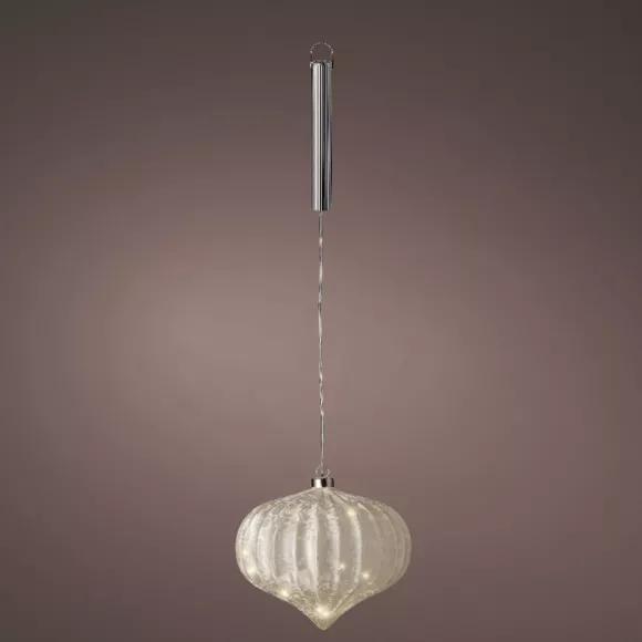 Suspension lumineuse en verre à piles 15 LED (D20 cm) Oignon Glacée Blanc chaud