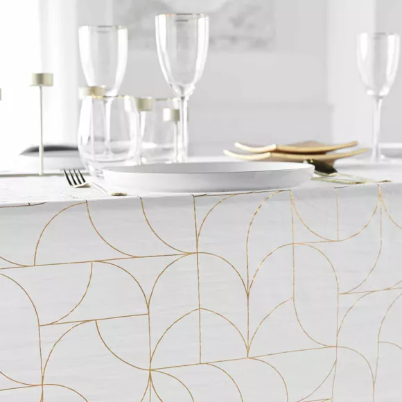 Nappe de Noël rectangulaire anti tache (140 x 240 cm) Louxor Blanc et doré