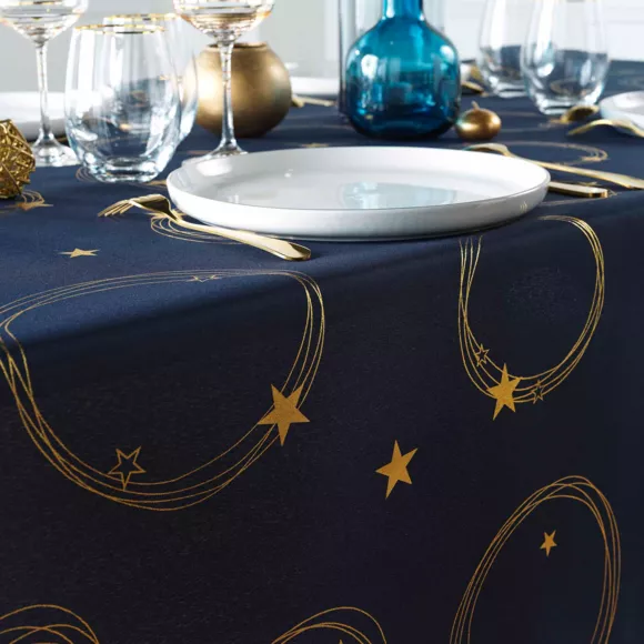 Rechthoekig kersttafelkleed vlekbestendig (150 x 300 cm) Star Marineblauw en goud
