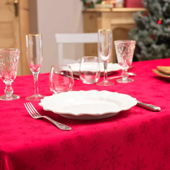 Nappe de Noël rectangulaire anti tache (140 x 240 cm) Flocons Rouge