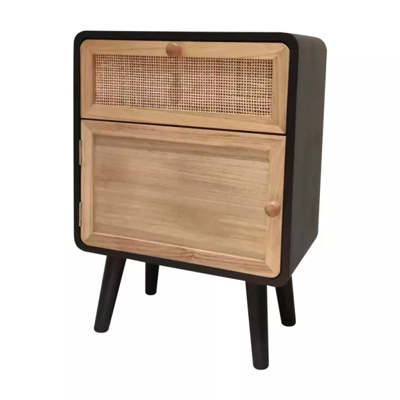 Nachtkastje hout en rotan (40 x H55 cm) Osaka Zwart en hout