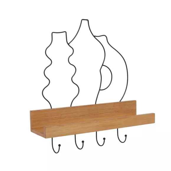 Porte-clé mural avec étagère en bois (42 cm) Design Noir et naturel