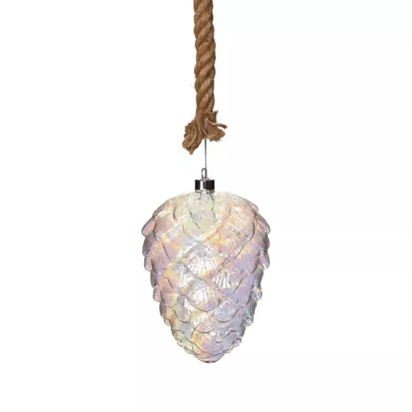 Pomme de pin lumineuse à piles (H16 cm) Verre Perle et Blanc chaud