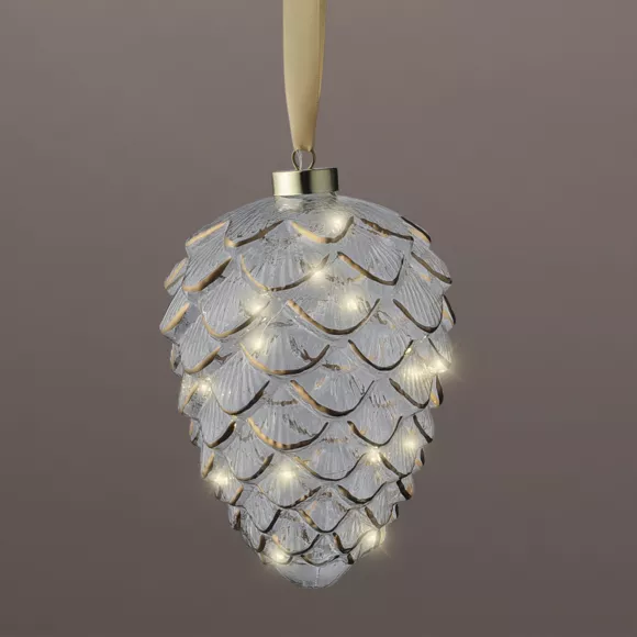 Lichtgevende dennenappel van glas op batterijen met 15 LED's (H21 cm) Vintage Goud/warm wit