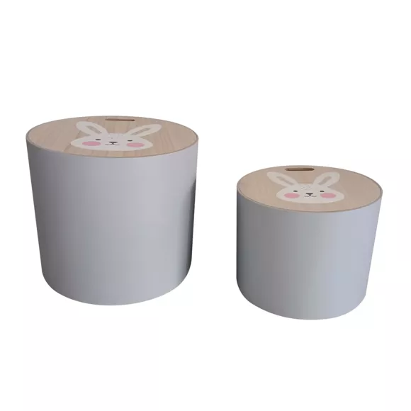 Lots de 2 poufs de rangement gigognes enfant bois (H31 et 24 cm) Lapin Gris