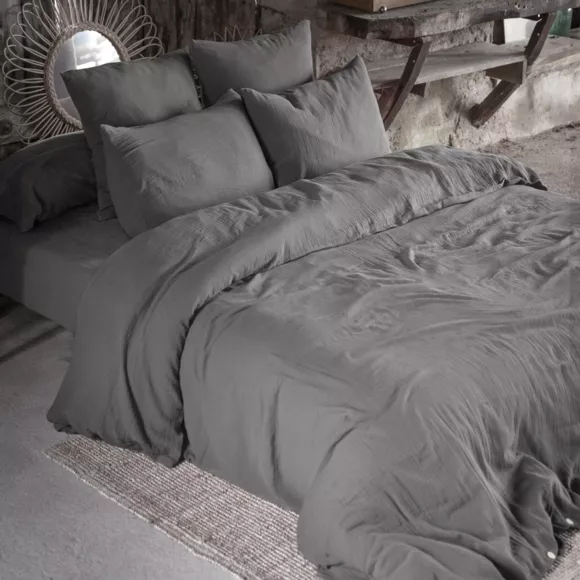 Funda para almohada rectangular en gasa de algodón (L80 cm) Gaïa Gris granito 2