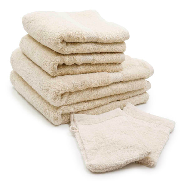 Lot de 2 gants de toilettes coton (15 x 21 cm) + 2 serviettes de bain coton (50 x 90 cm) + 2 serviettes de bain coton (70 x 1