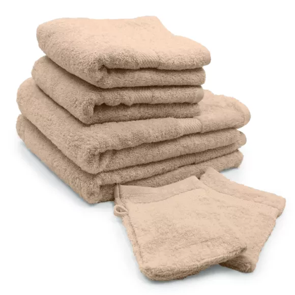 Lot de 2 gants de toilettes coton (15 x 21 cm) + 2 serviettes de bain coton (50 x 90 cm) + 2 serviettes de bain coton (70 x 1