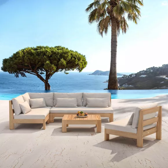 SALON DE JARDIN D'ANGLE BORNEO 6 PLACES STRUCTURE EN BOIS ET COUSSINS SABLE