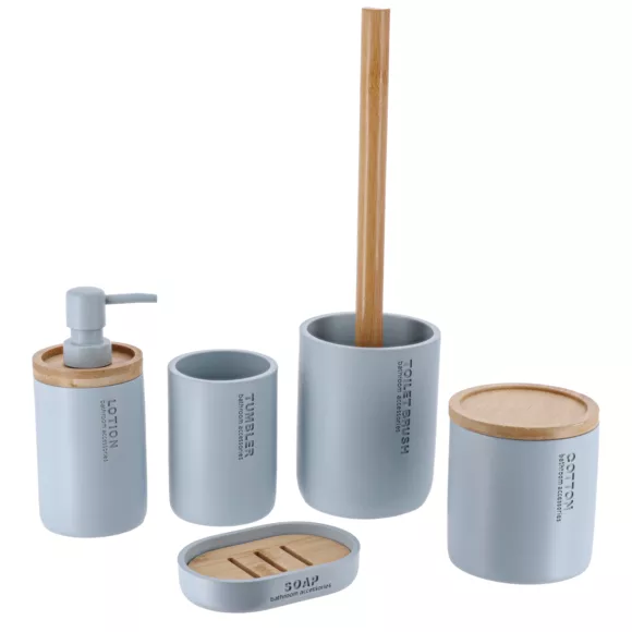 BOITE A COTON POLYRESINE COUVERCLE BAMBOU - BLEU CLAIR/BAMBOU