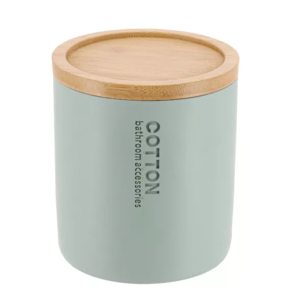 BOITE A COTON POLYRESINE COUVERCLE BAMBOU - VERT EUCALYPTUS/BAMBOU
