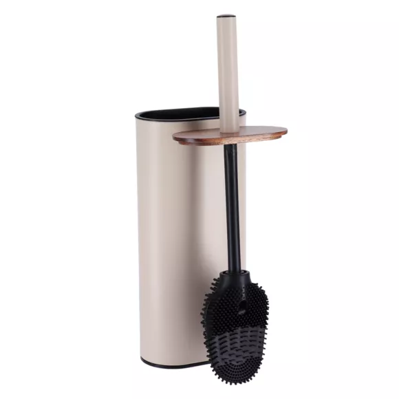 BROSSE WC METAL OVALE ET SILICONE PLAT - ACACIA/BEIGE