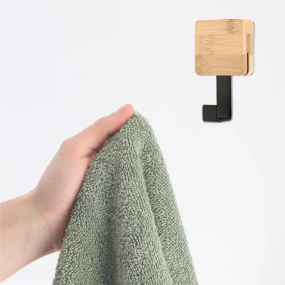 PATERE CROCHET SIMPLE AVEC BASE EN BAMBOU - NOIR/BAMBOU