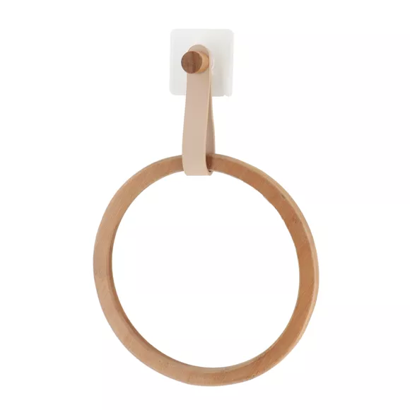 PORTE SERVIETTES ARRONDI BAMBOU + LANIERE SIMILI CUIR SUR STICKER - BEIGE/BAMBOU