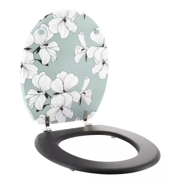 ABATTANT WC MDF 18 POUCES COUVERCLE DESIGN IMPRIMEE ET ASSISE ECALYPTUS ATTACHES ACIER INOXYDABLE - ECRIN VERT
