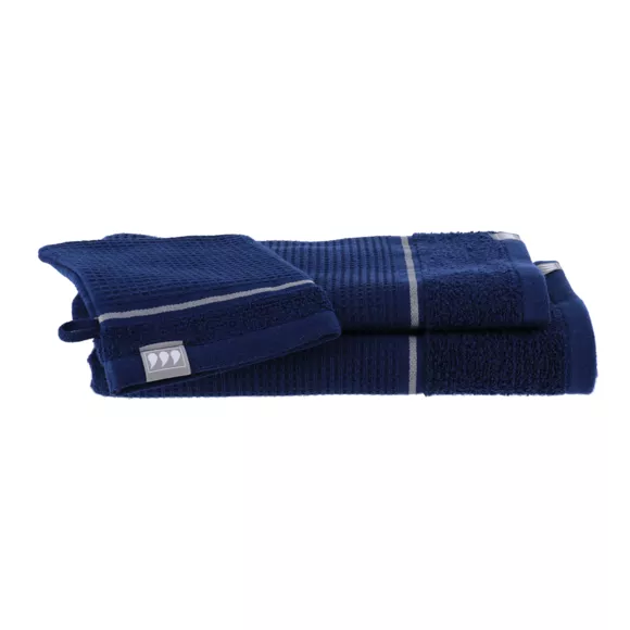 SET DE 3 PIECES 100% COTON NID D ABEILLE  1 GANT/1 SERVIETTE 50X90 CM/1 SERVIETTE 70X130 CM - MARINE/ARGENT
