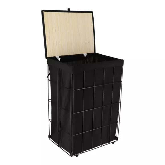 PANIERE A LINGE METAL PLIABLE COUVERCLE EN BAMBOU - NOIR/TISSU NOIR