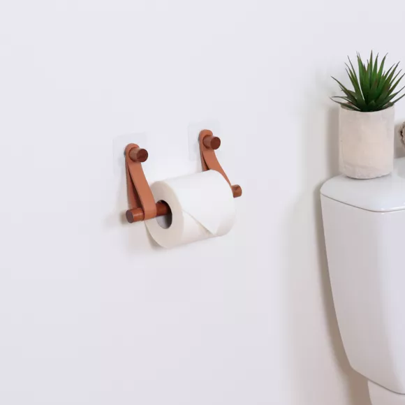DEROULEUR PAPIER WC BAMBOU + LANIERES SIMILI CUIR SUR STICKER - CARAMEL/FACON ACACIA