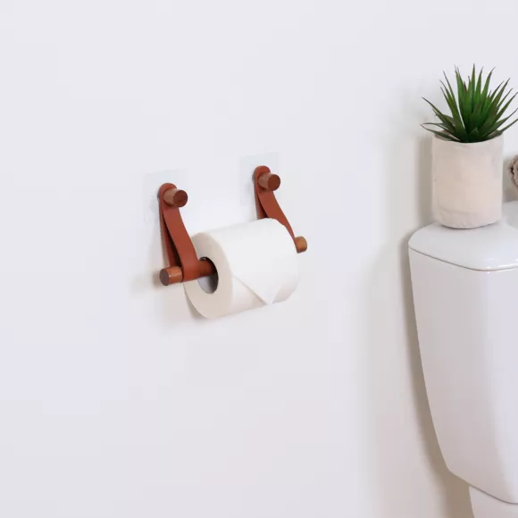 DEROULEUR PAPIER WC BAMBOU + LANIERES SIMILI CUIR SUR STICKER - AMBRE/FACON ACACIA