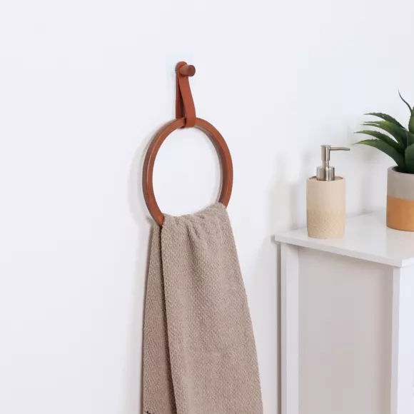 PORTE SERVIETTES ARRONDI BAMBOU + LANIERE SIMILI CUIR SUR STICKER - AMBRE/FACON ACACIA