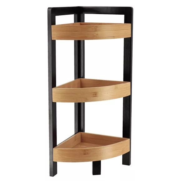 MEUBLE D'ANGLE 3 ETAGERES BAMBOU - NOIR/BAMBOU