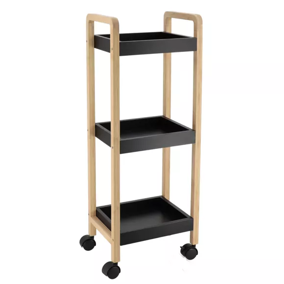 DESSERTE SUR ROULETTES 3 ETAGERES BAMBOU/MDF - BAMBOU/NOIR