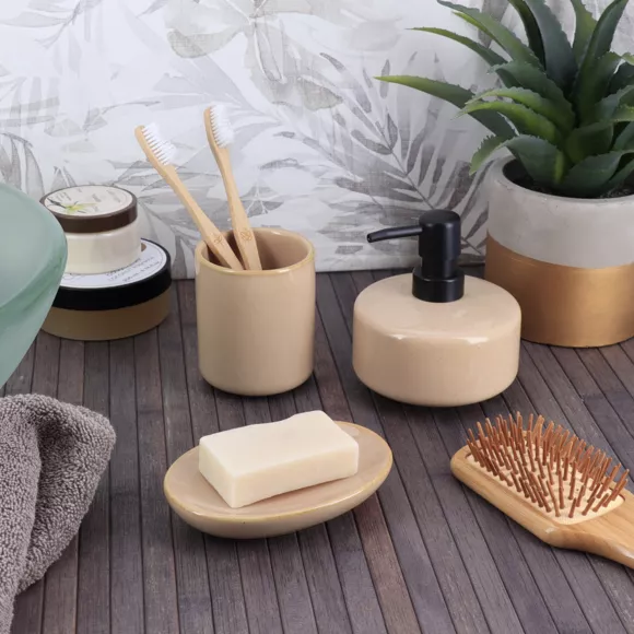 SET GOBELET DISTRIBUTEUR A SAVON ET PORTE SAVON GRES LAQUE - BEIGE
