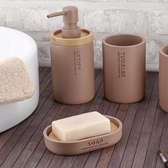 SET GOBELET DISTRIBUTEUR A SAVON ET PORTE SAVON POLYRESINE - CAPPUCCINO/BAMBOU