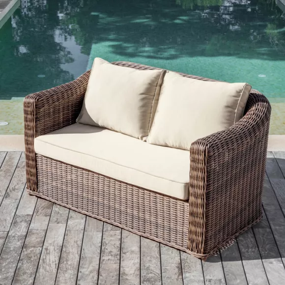Salotto da giardino in resina intrecciata 7 posti 5 pezzi Calvi Seppia e beige