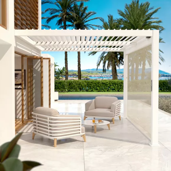 Cortina motorizada para pérgola bioclimática adosada (3 x 4 m) Blanco