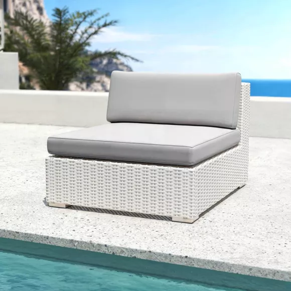 Conjunto de jardín esquinero de resina trenzada 5 plazas Palma Blanco y gris