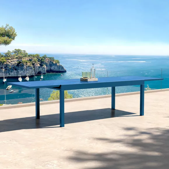 Table de jardin extensible en verre 12 places (200/320 x 100 cm) Murano Bleu pétrole