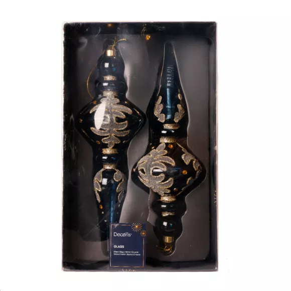 LOT DE 2  Ornement verre a/perles transparentes- paillettes- diamants dia8-H24cm assorti BLEU