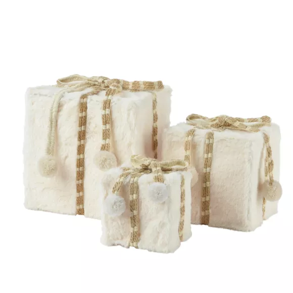 Set a 3 Boite cadeau fourrure artificielle L21-W21-H21cm blanc laine 