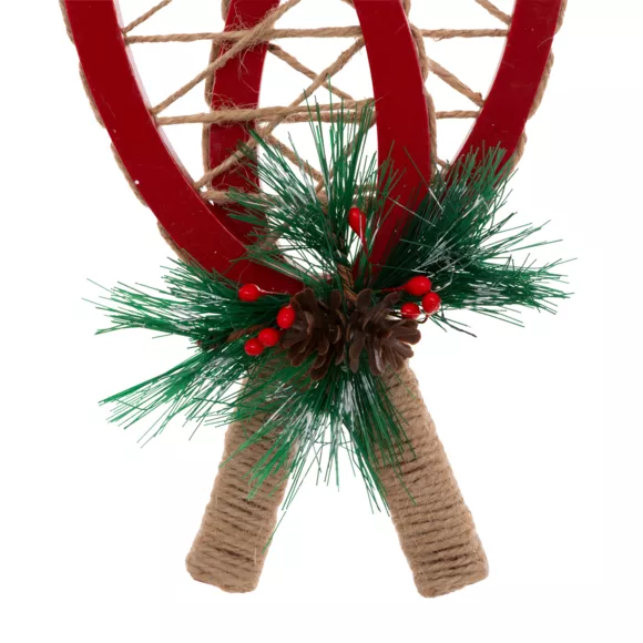 SUSPENSION DE NOEL BOIS RAQUETTES ROUGE 18CM