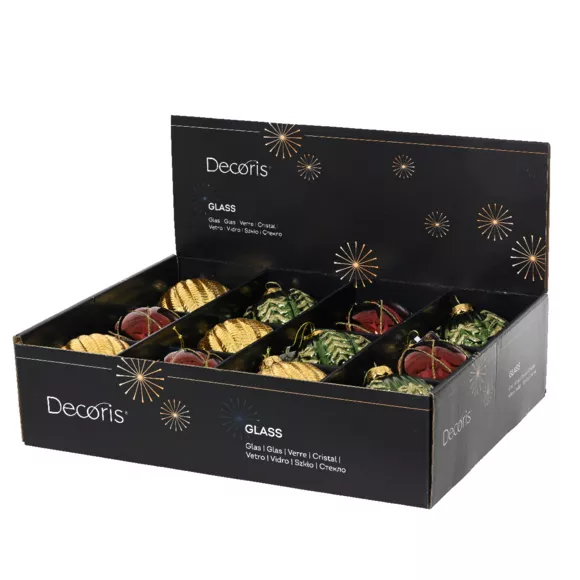 Lot de 12 boules de Noël en verre (D100 mm) Rêverie Bordeaux, vert sapin et or