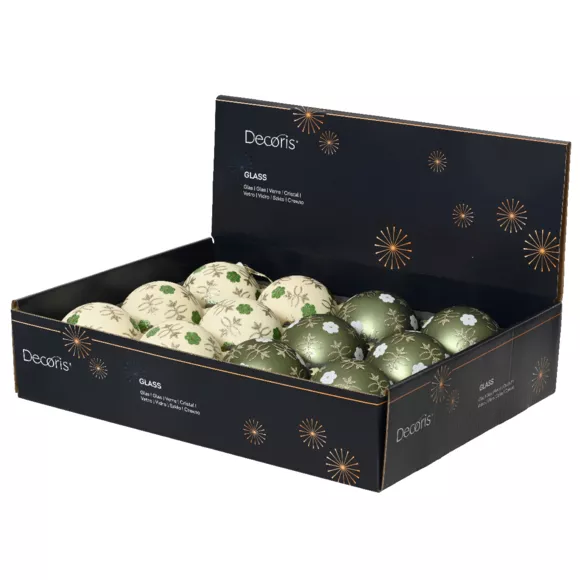 Lot de 12 boules de Noël en verre (D80 mm) Fleurs Nature Vert matcha et blanc