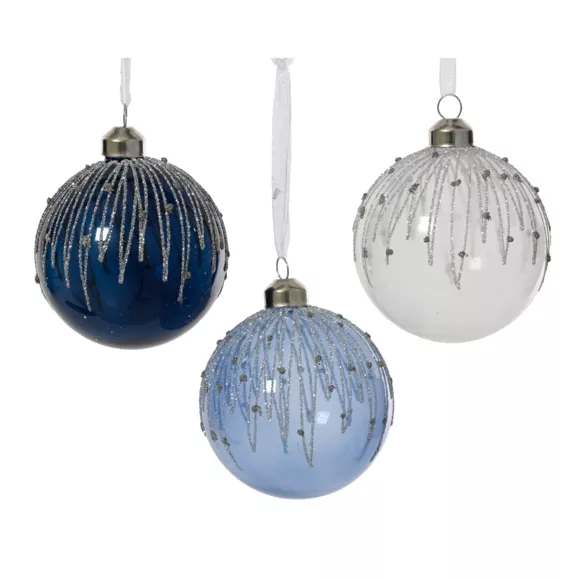 LOT DE 12 (EN VERRE)  Boule verre Perles d'hiver dia8cm bleu