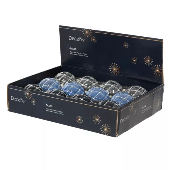 Lot de 12 boules de Noël en verre (D80 mm) Majestic Bleu et transparent