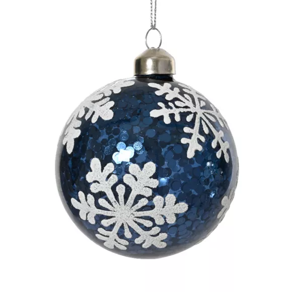 Lot de 3 boules de Noël en verre (D80 mm) Flocons et sequins assorti Bleu nuit