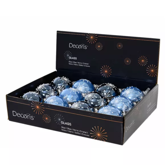 Lot de 12 boules de Noël en verre (D80 mm) Etincelles de Noël Bleu ciel et bleu nuit