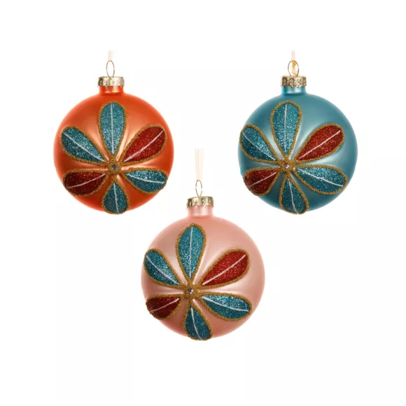 LOT DE 12 (EN VERRE)  Boules verre Pétales paillettées dia8cm Multicolore